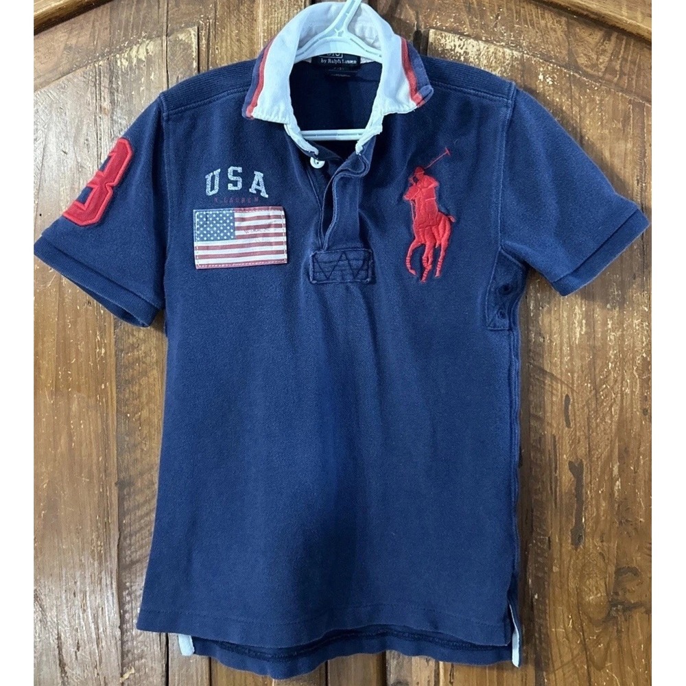 Boys Vintage Polo Ralph Lauren Big Pony Polo Rugby Shirt USA Flag Fade Y2K Sz 8